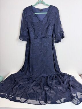 Shall We Navy V-Neck Floral Appliqué Flutter Sleeve Midi Dress XL